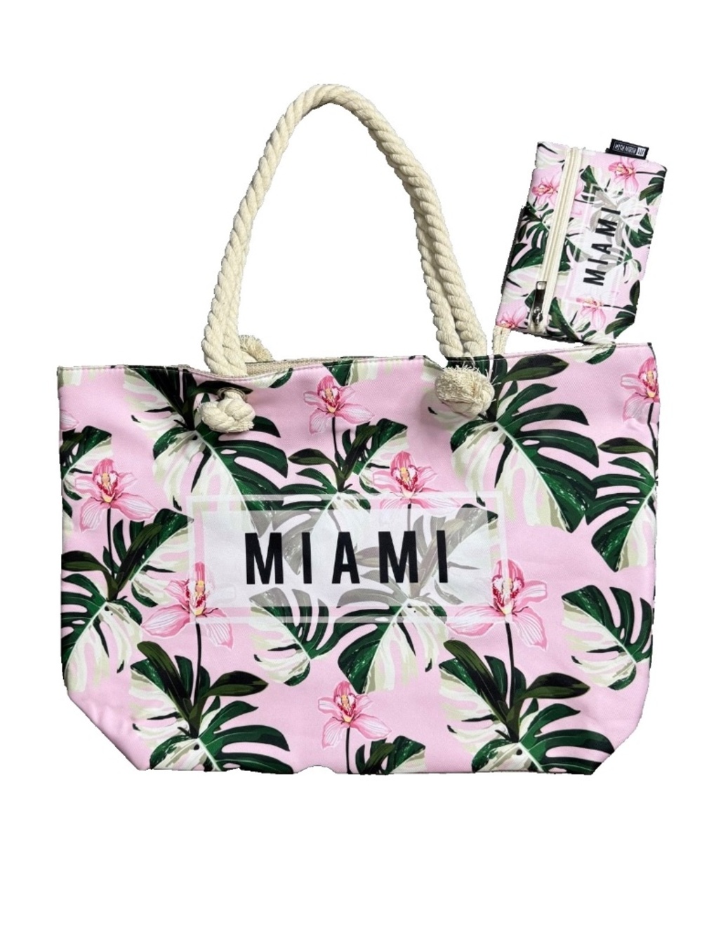 Robin Ruth Miami Tote Beach Travel Bag, Tropical Flower & Palm, Pink & Green NWT